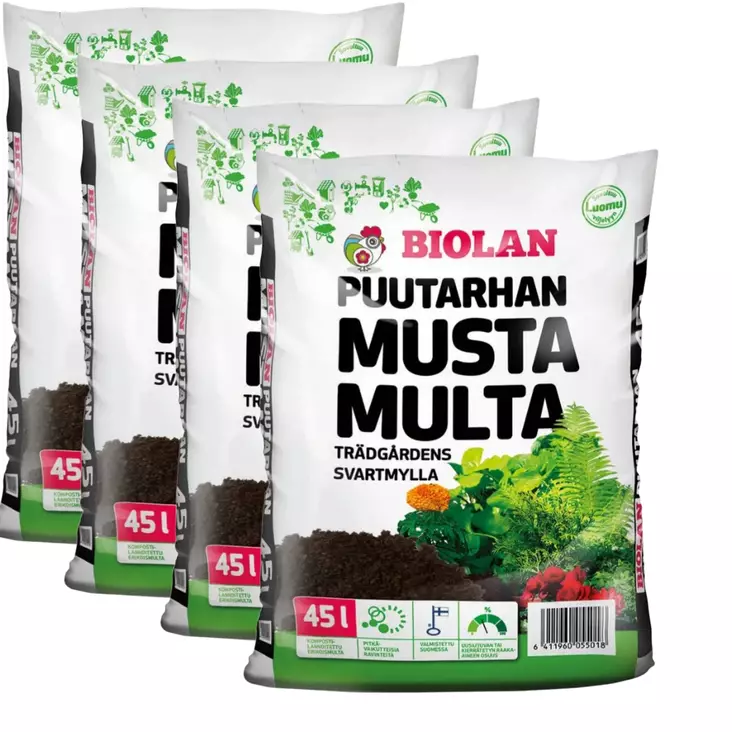 Puutarhan Musta Multa Biolan 4 x 45L - Puutarhamullat ja turve - 5x55550100 - 2