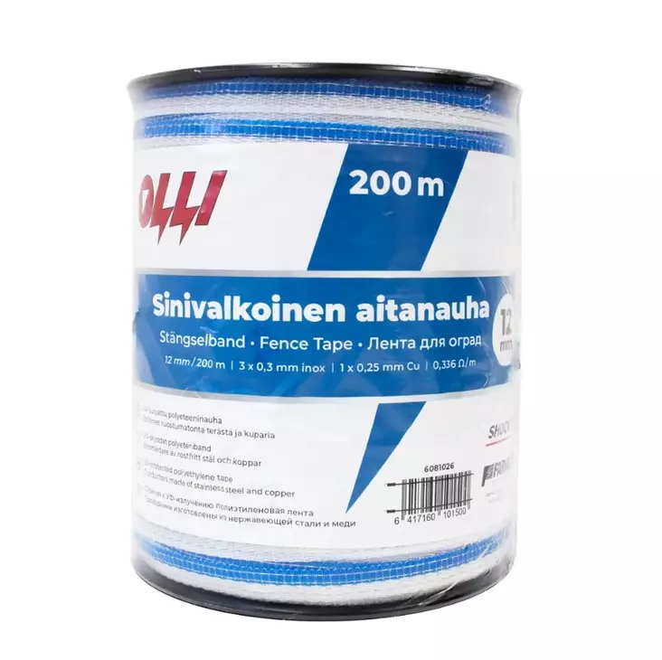 Sinivalkoinen aitanauha 12 mm, 200 m - Aitaustarvikkeet - 6417160101500 - 1