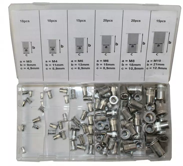 Niittimutterilajitelma 90-os. M3-M10 Alu - Sinkilät ja niitit - 6430074692605 - 1