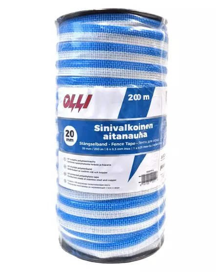 Sinivalkoinen aitanauha 20 mm, 200 m - Aitaustarvikkeet - 6417160101517 - 1