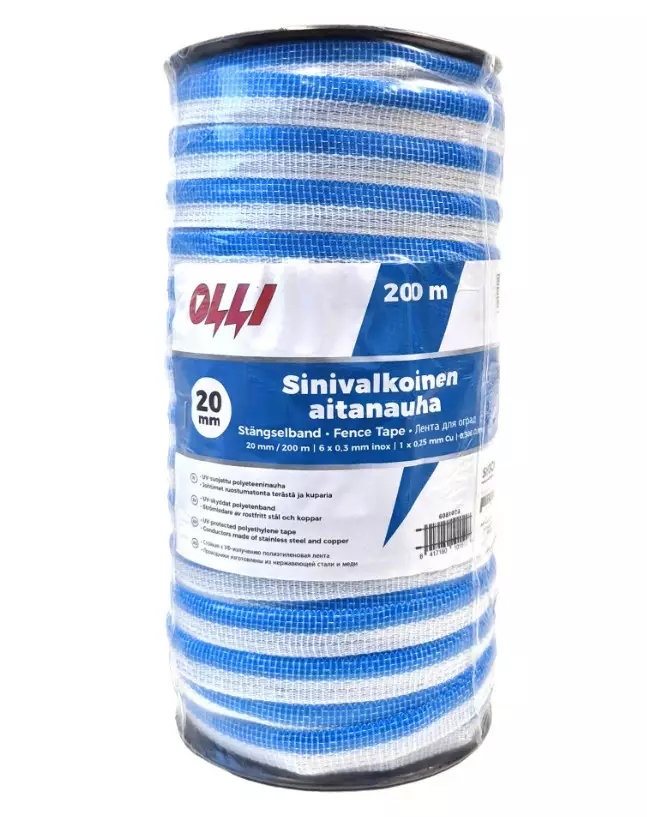 Sinivalkoinen aitanauha 20 mm, 200 m - Aitaustarvikkeet - 6417160101517 - 1