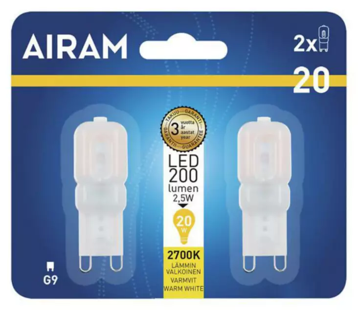 Led-polttimo Airam G9 200lm 2,5W 2 kpl - LED-lamput - 6435200232458 - 1